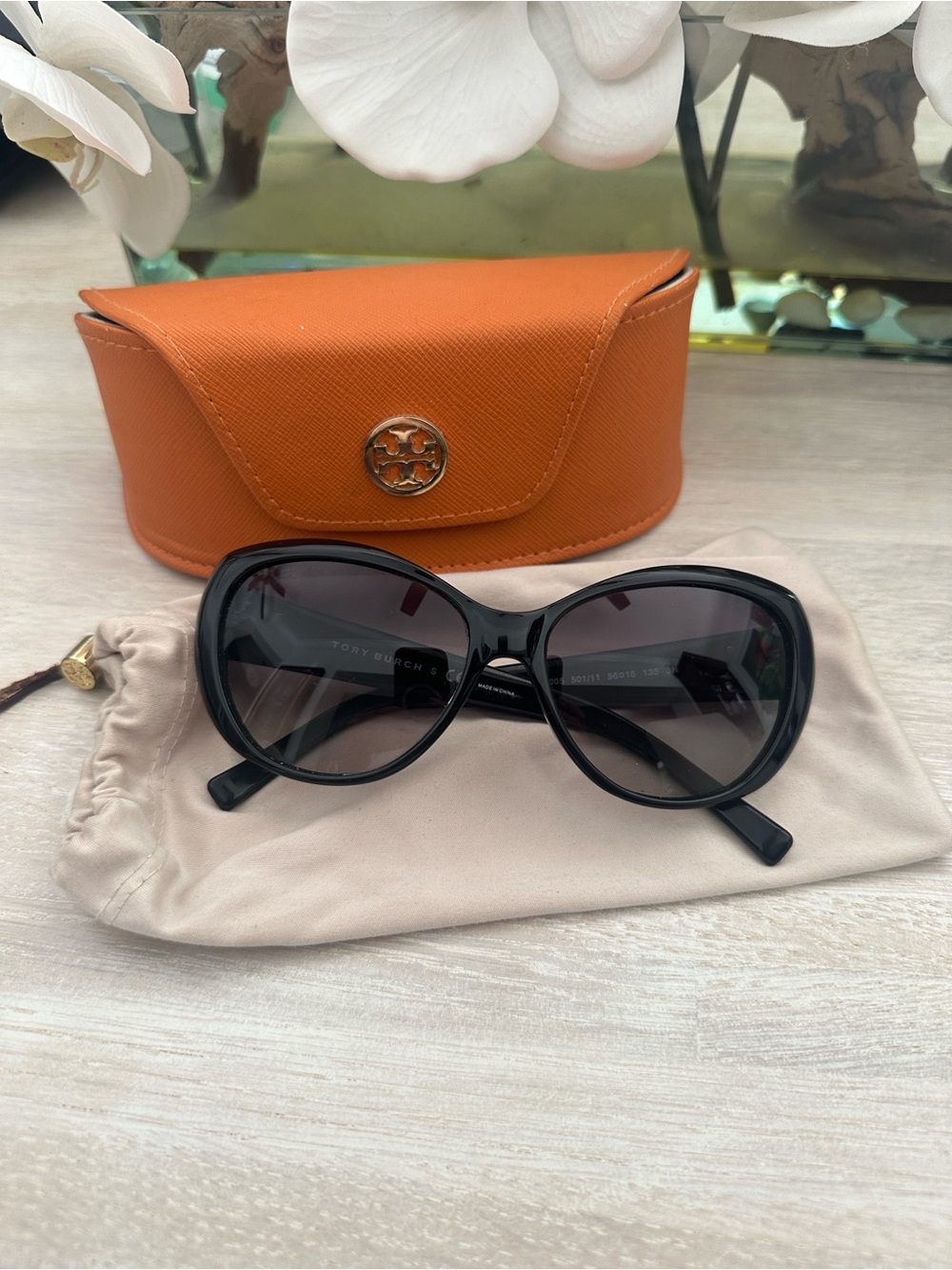 Tory Burch Black Oversized Sunglasses with Orange Case